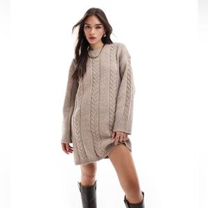 ASOS crew neck cable knit mini dress in taupe - L - (US12/14) FREE SHIPPING